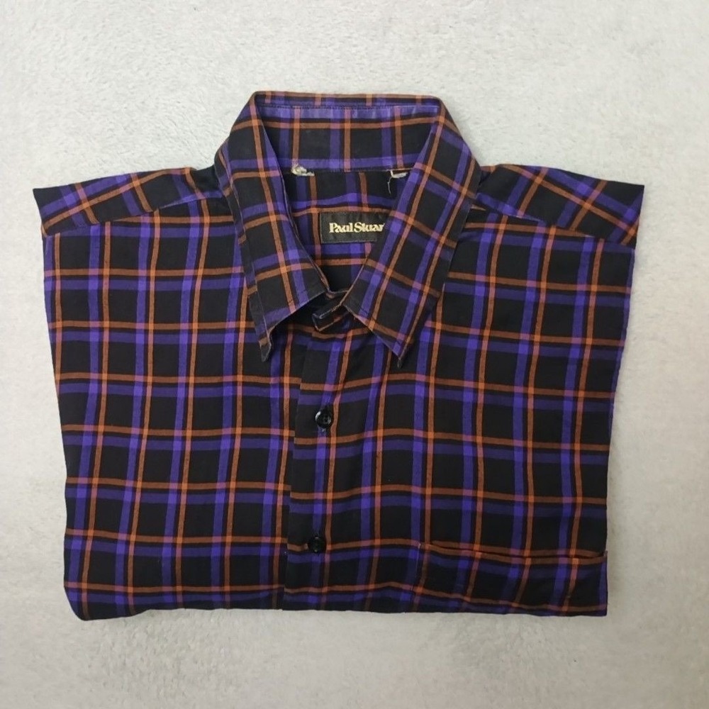 Paul Stuart Shirt Mens L Black Purple Orange Plaid Cotton Button-Up Long Sleeve